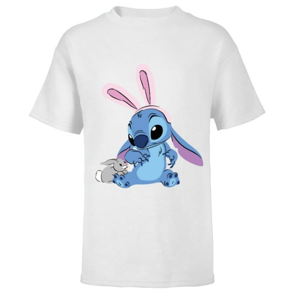 Disney Stitch in Easter Bunny Costume with Cute Fuzzy Friend - Short Sleeve T-Shirt for Kids - Customized-White