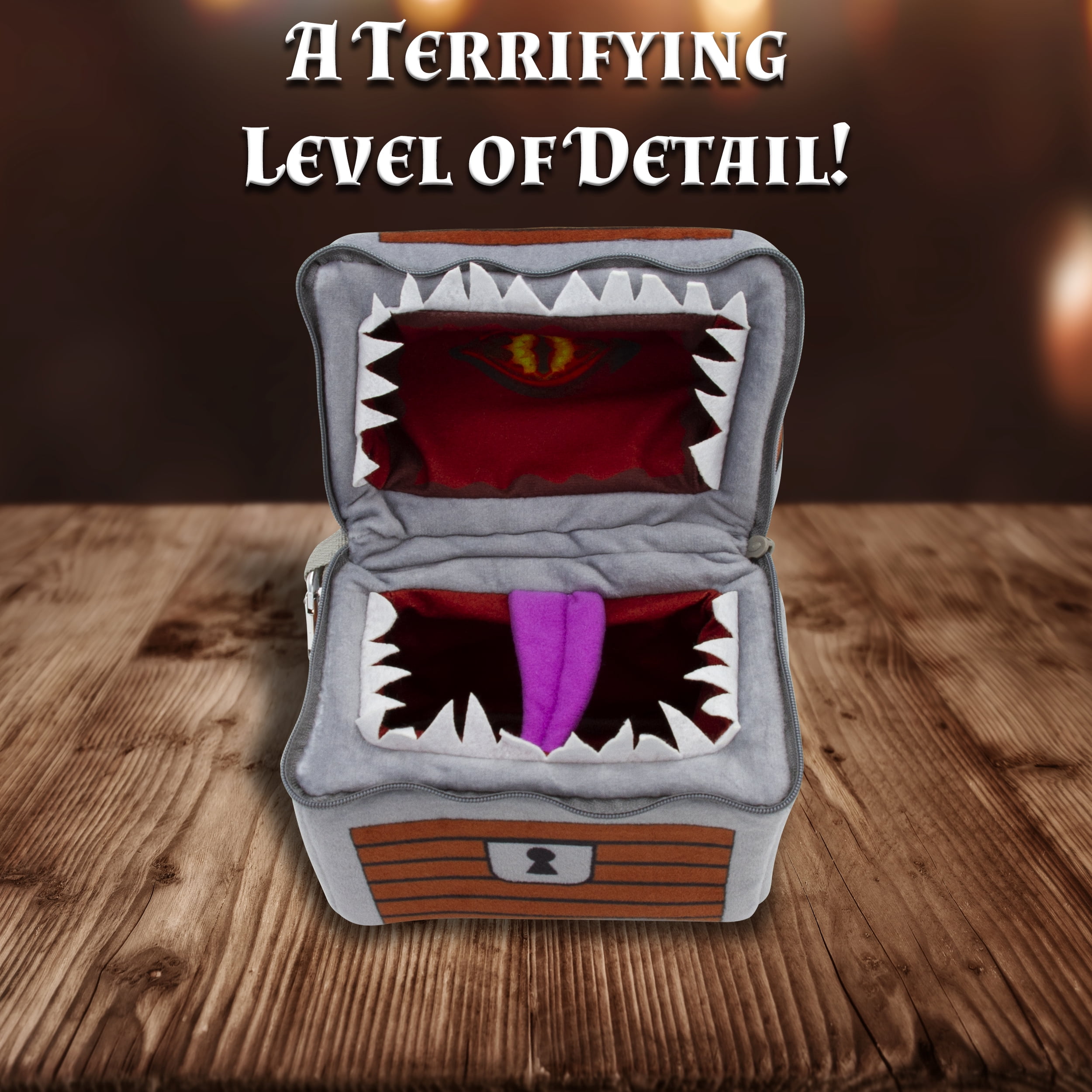 CASEMATIX Mimic Dice Chest with 7 RPG Dice - Plush DnD Mimic Chest Dice Holder