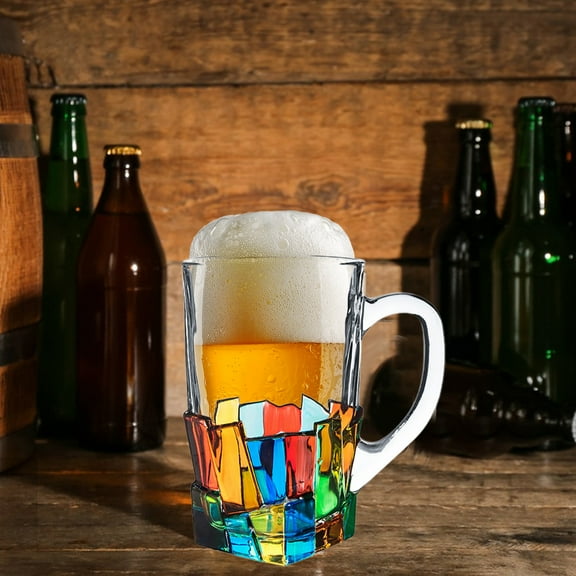 Gmogad Colorful Glass Beer Mugs Set 750ml Large Capacity Thick Base for Whiskey Cocktails Bar Home Party Gifts Non-Slip XL & L Size Geometric Design