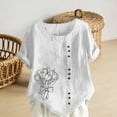 thumbnail image 2 of Aoochasliy Women's Short Sleeve Top Casual Floral Printed Linen Blend Round Neck Button T-Shirt Blouse, 2 of 5