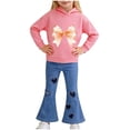 thumbnail image 2 of SGFCWSX Girls 2-Piece Outfit, Bow Print Hoodie and Heart Flared Denim Jeans, Daily Trendy Casual Clothing Set for Kids Pink Size 6-7 Years, 2 of 9