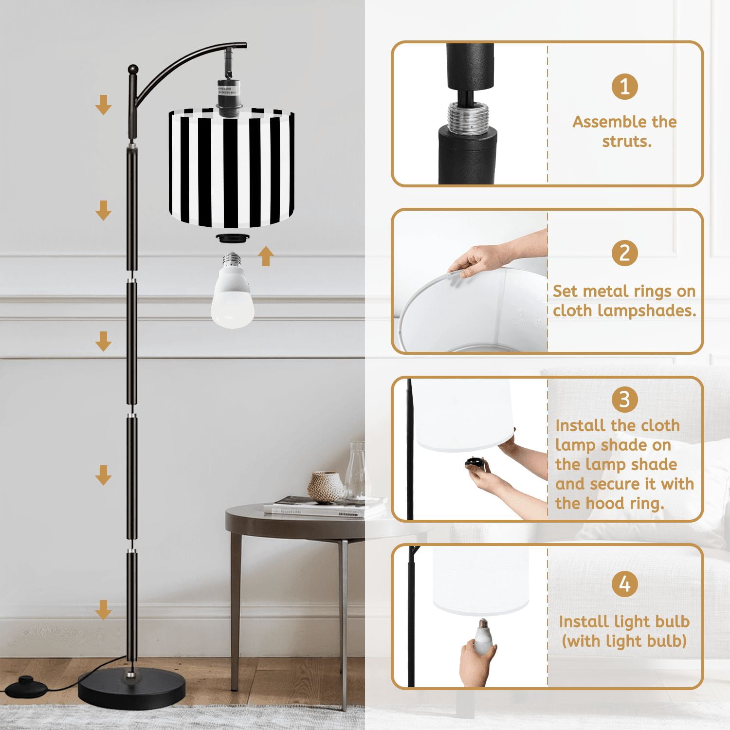 Arc Floor Lamp Striped black white Tall Modern Standing Lamp LED Adjustable Linen Lampshade 3 Color Temperatures