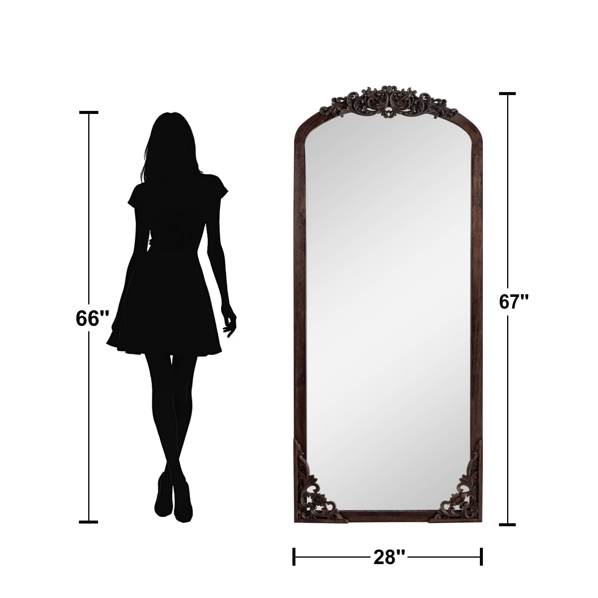 MAYEERTY 67x28x1 Inch Charcoal Carved Wood Right Angle Slightly Arched Full Length Mirror, No Stand for Bedroom