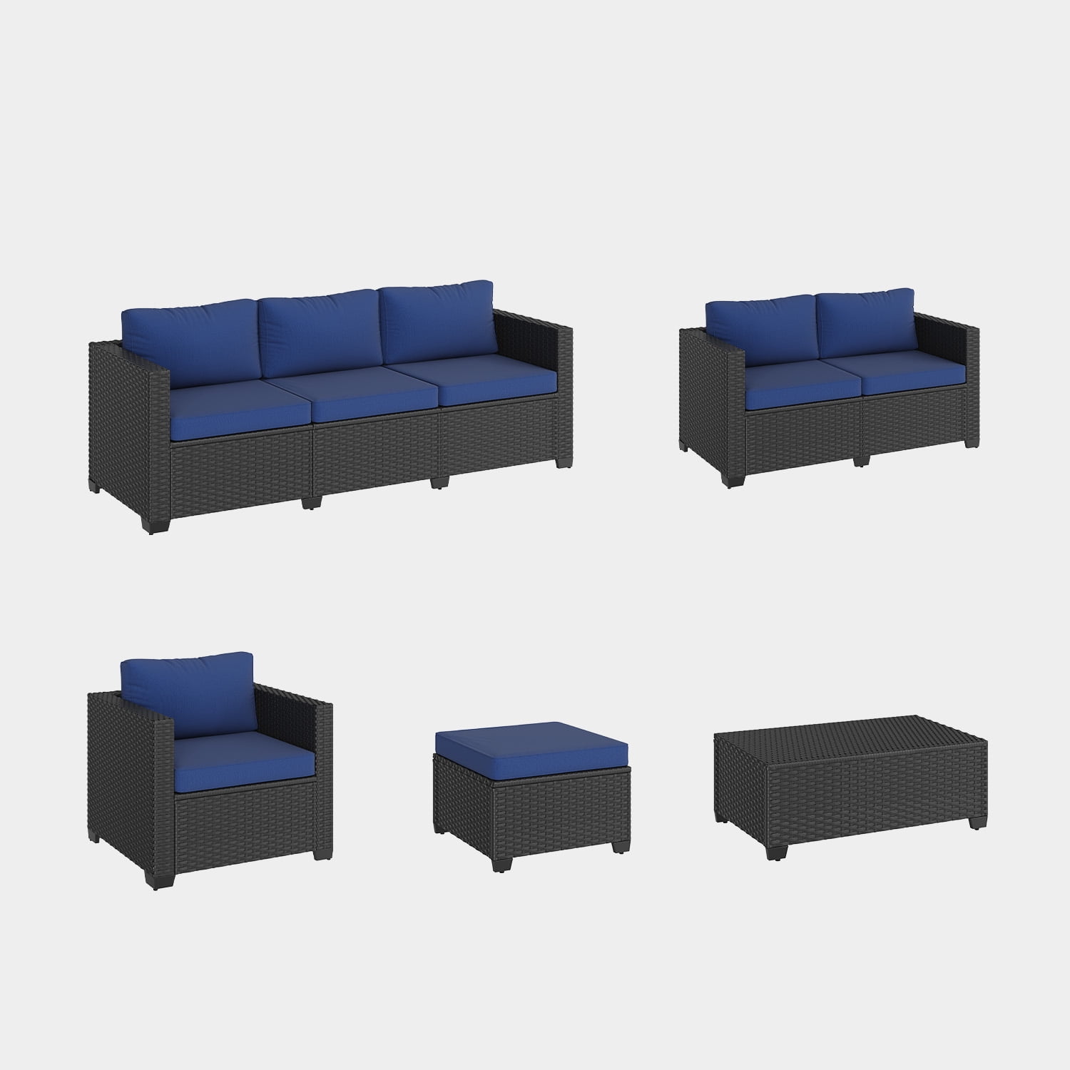 BaPiPro 7-Piece Blue PE Rattan Outdoor Sectional Sofa Set, Patio Furniture with Storage Table, Convertible Ottomans & Weather Resistant Cushions for Backyard & Poolside