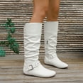 thumbnail image 3 of Rokment Women's Slouchy Knee High Boots Fashion Casual Adjustable Buckles Leather Flats Low Heel Wide Calf Tall Dress Boots for Women Fall Winter White Size 7.5, 3 of 7