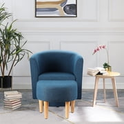 Lohoms Modern Wood Linen Fabric Sponge Solid Print Swivel Armchair with Ottoman and Footstool, Blue