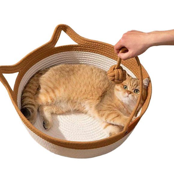 Lit pour Chat en Corde de Coton Tissé à la Main, Hamac Pliable, Panier de Couchage Fait Main, Berceau Naturel, Griffoir Câlin pour Chaton, Style Mignon avec a P