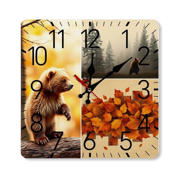 RKSupls 10×10inch Square Silent Wall Clock Wooden Frame, Woodland Bear Collage Scale Decorative Clock for Home Bedroom Living Room Office