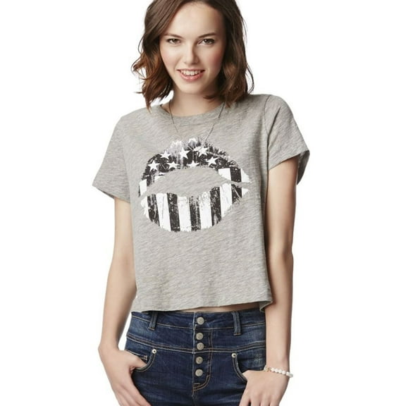 Aeropostale Womens American Kiss Boxy Graphic T-Shirt, Grey, Juniors, Medium