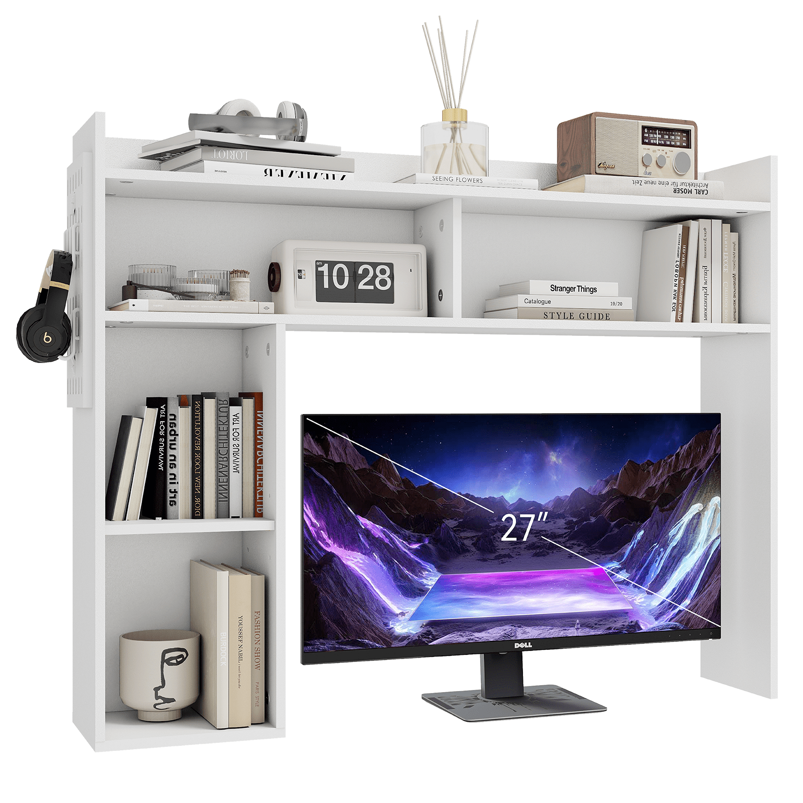PULUOMIS Desktop Bookshelf, Desk Shelf for Computer Desk, 33.46" 5-Tier Adjustable Desktop Hutch Organizer with Pegboard for Home Office, White