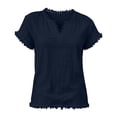 thumbnail image 5 of Stralyhd Womens Summer Tops Fringe V Neck Linen Short Sleeve Blouses Loose Fit Casual Daily Solid Color Shirts Navy M, 5 of 5