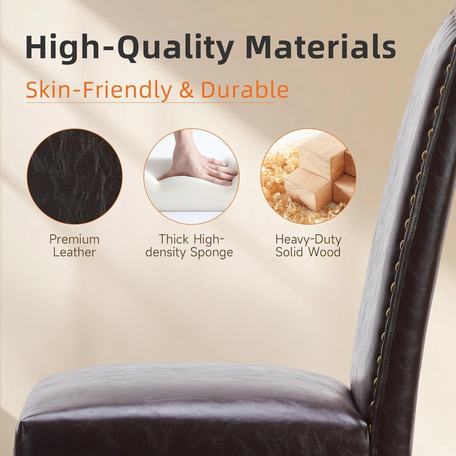 QUIOCOZY Upholstered Parsons Dining Chair, Faux Leather Dining Room Chair with Solid Wood Legs and Nailhead Trim, Side Chair for Hotel, Restaurant, and Meeting Room, Set of 2, Dark Brown