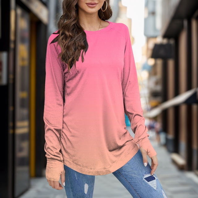 MKLEKYY Chemises Noires pour Femmes Haut à Manches Longues Col Rond Mode Basique T-Shirt Imprimé Tunique Thumbhole