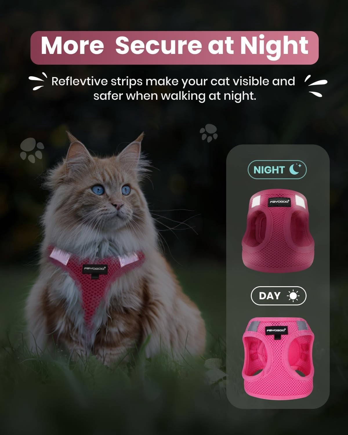 FAYOGOO Escape Proof Cat Harness and Leash Set for Walking, Secure-Fit Step-in Cat Vest Harness, Soft & Lightweight for Kittens and Large Cats
