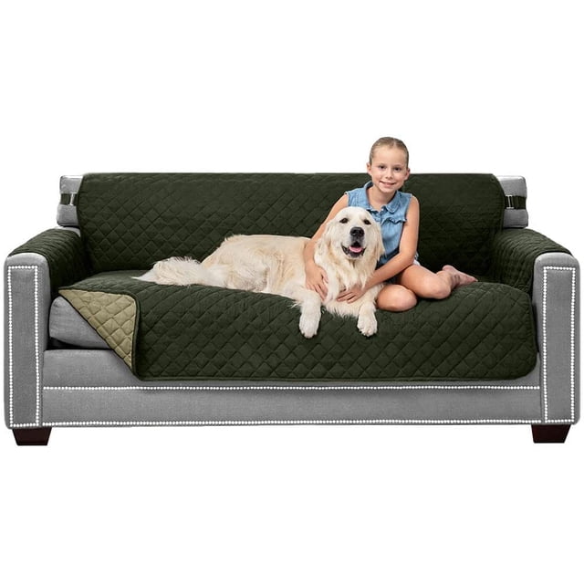 Original Patent Pending Reversible Large Sofa Protector, Many Colors, Seat Width to 70 Inch, Furniture Slipcover, 2 Inch Strap, Couch Slip Cover Throw for Pet Dogs, Cats, Hunter Green Sage