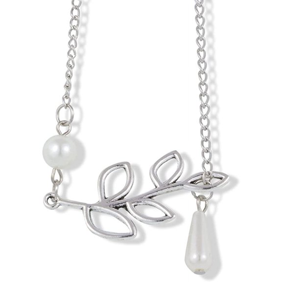 EPJ Willow Leaf with Two Faux Pearls on Silver Coloured Chain Necklace