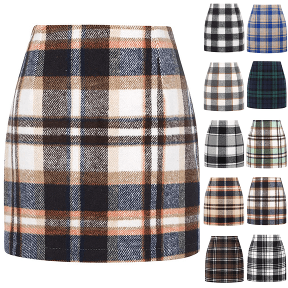 WULMLEO Plaid Skirts for Women High Waisted Pencil Mini Skirt Vintage Christmas Buffalo Plaid Skirt Bodycon Wool Winter Skirts Brown S