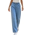 thumbnail image 2 of Mutghys Wide Leg Jeans for Women Elastic Waist Drawstring Blue Denim Jeans with Pockets Home Daily Loose Comfy Casual Jeans S-2XL, 2 of 5