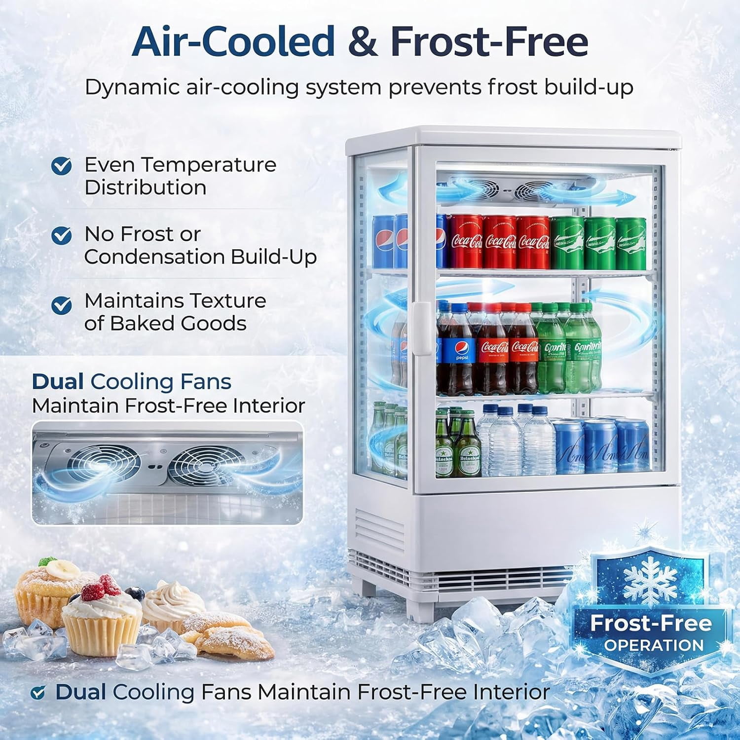 IdealHouse Commercial Countertop Display Refrigerator, 2.0 Cu.Ft Pastry Display Case with LED Lighting, Air Cooling, Rear Sliding Doors, Adjustable Shelves, Auto Defrost for Bakery, Cafe