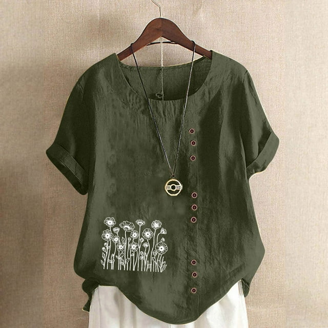 Staron Blouses d'Été pour Femmes 2025 Liquidation Manches Courtes Retroussées T-Shirts Tendance Amples Coton Lin Imprimé Floral Hauts Décontractés Col Rond Tunique d'Été Grande Taille