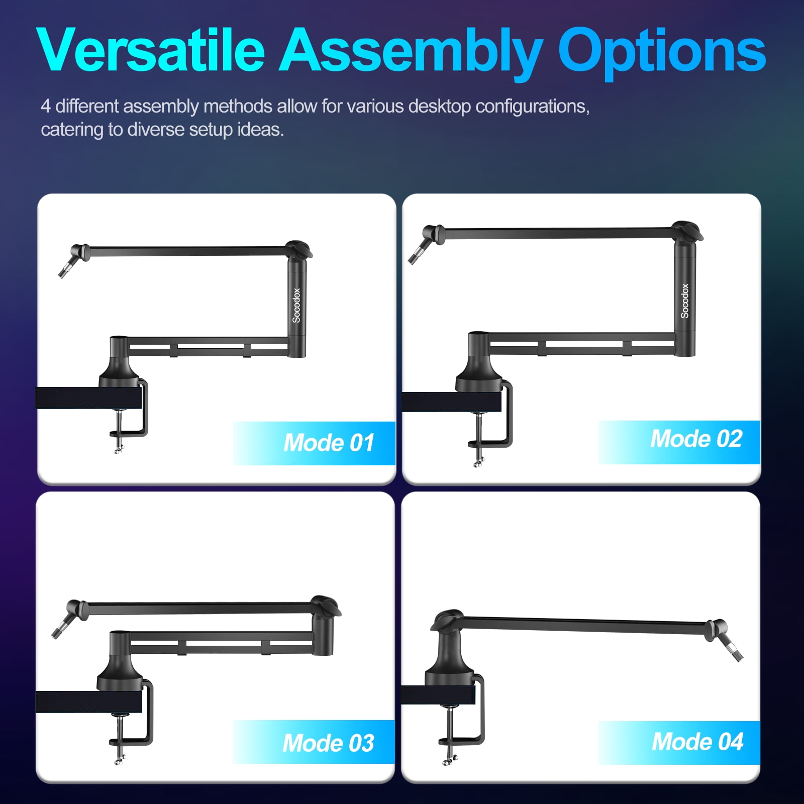 Socodox Low Profile Mic Arm,Upgraded Microphone Boom Arm Stand with 7cm Desk Mount Clamp and 3/8" & 5/8" Adapter for Blue Yeti,Podcasting,Gaming,Black