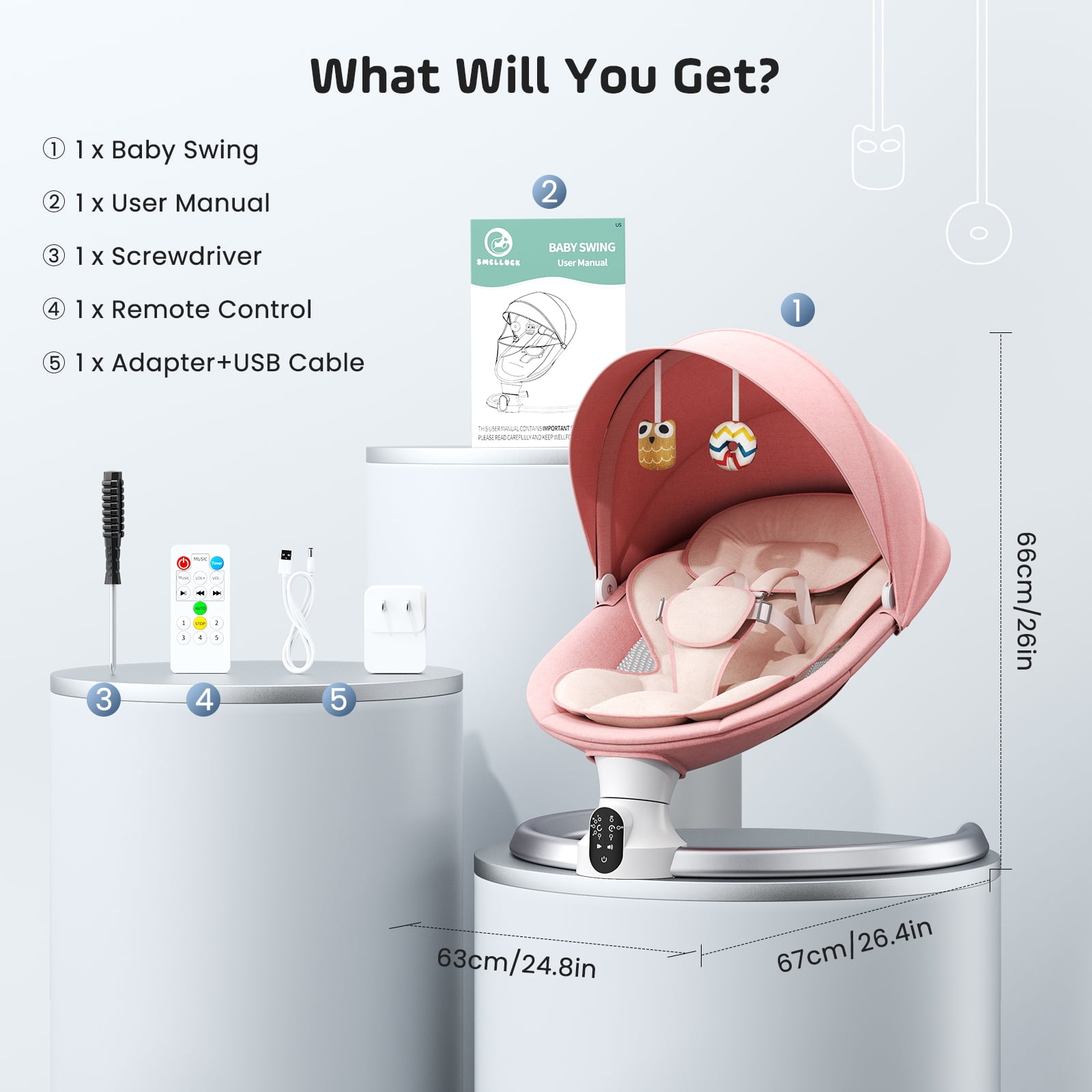 Doulami Electric Baby Swing for Newborn to Toddler Portable Infant Swing Rocker with Remote & APP Control & IMD Touch Panel, 5 Sway Speeds, 10 Lullabies, Pink