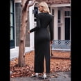 thumbnail image 4 of Vestido de Noche Fruncido para Mujer, de Larga, Ajustado, con Abertura y Escote en V, Liso, con Cintura , , para Otoño. Negro XL, 4 of 9