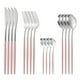 thumbnail image 1 of Juego de cubiertos dorado mate de 16 piezas | Cubiertos de acero inoxidable con cuchillos para carne | Servicio para 4 personas | Incluye tenedores, cucharas y cucharillas de postre | Apto para, 1 of 1