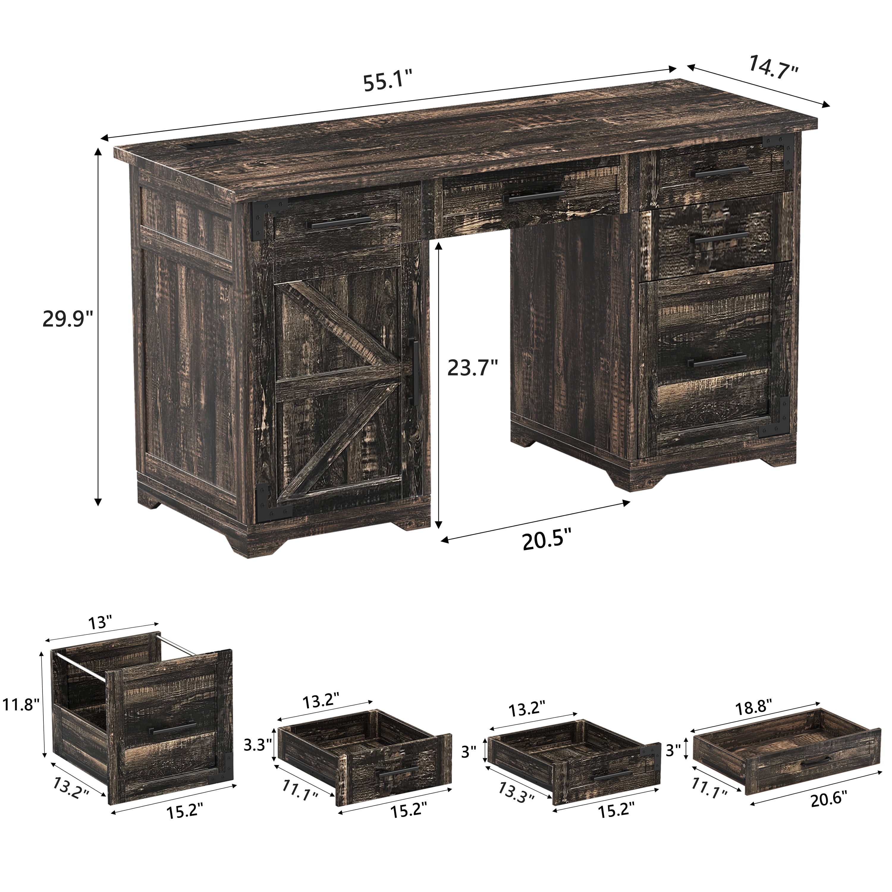 Aukfa 55" Farmhouse Executive Desk with Charging Station, Home Office Computer Desk with File Drawer & Storage Cabinet,Rustic Gray