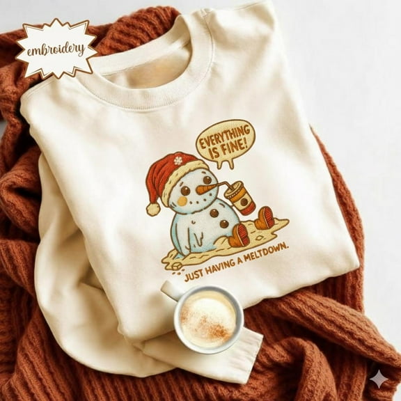 Having a Meltdown Christmas Embroidered Shirt | Everything is Fine Embroidery Tee | Xmas Mom Embroidered Top | Holiday Christmas Gift Shirt