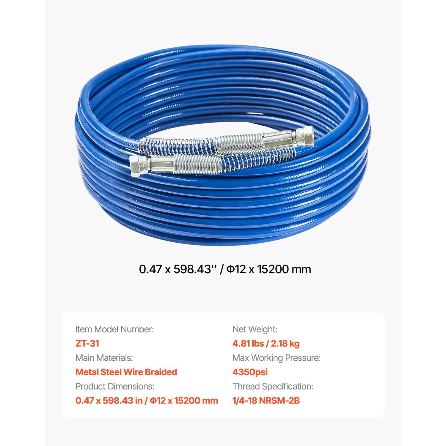 50ft Airless Paint Sprayer Hose, 1/4" Connector, 4350 PSI Burst Pressure, Explosion-Proof, Multi-Layer Construction for Professional Spraying
