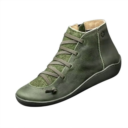 

Aoochasliy Womens Shoes Ankle Boots Casual Flat Leather Retro Lace-Up Side Zipper Plus Shoe Boots Saving Clearance