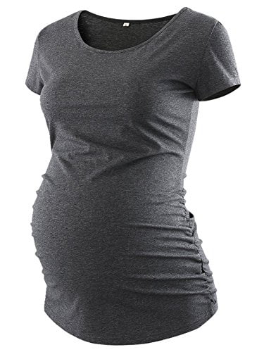 Love2Mi Womens Mama Maternity Tunic Tops Side Ruched T-Shirt Short Sleeve Fitted Pregnancy Clothes 