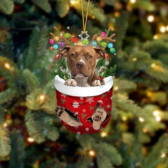 Acrylic 2D FLAT Pitbull In Snow Pocket Christmas Ornament 1