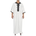 thumbnail image 2 of Men's Thobe Muslim Clothes V-Neck Long Sleeve Pullover Middle East Saudi Kaftan Abaya Dubai Arab Robe with Embroidery White, 2 of 8