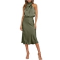 thumbnail image 1 of Daiosportswear Robes de Cocktail pour Femmes Satin Soie Sans Manches Col Montant Taille Haute Maxi Robe d'Invitée de Mariage Vêtements de Printemps, Robe Sans Manches pour Femmes Vert Armée m(m), 1 of 8