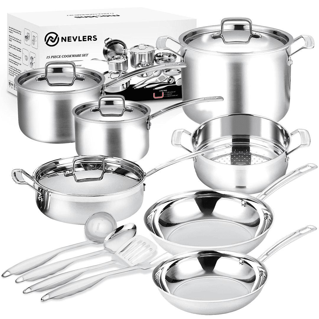 Nevlers 15Piece Cookware Set 18/8 Stainless Steel Dishwasher Safe