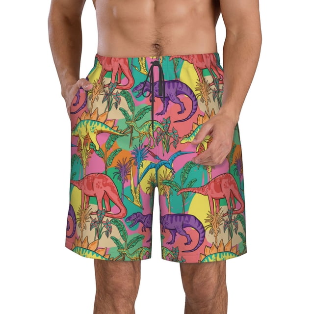 Balery Colorful Dinosaur Traje de Baño Estilo Hawaiano para Hombre, Shorts de Secado Rápido con Bolsillos-Small