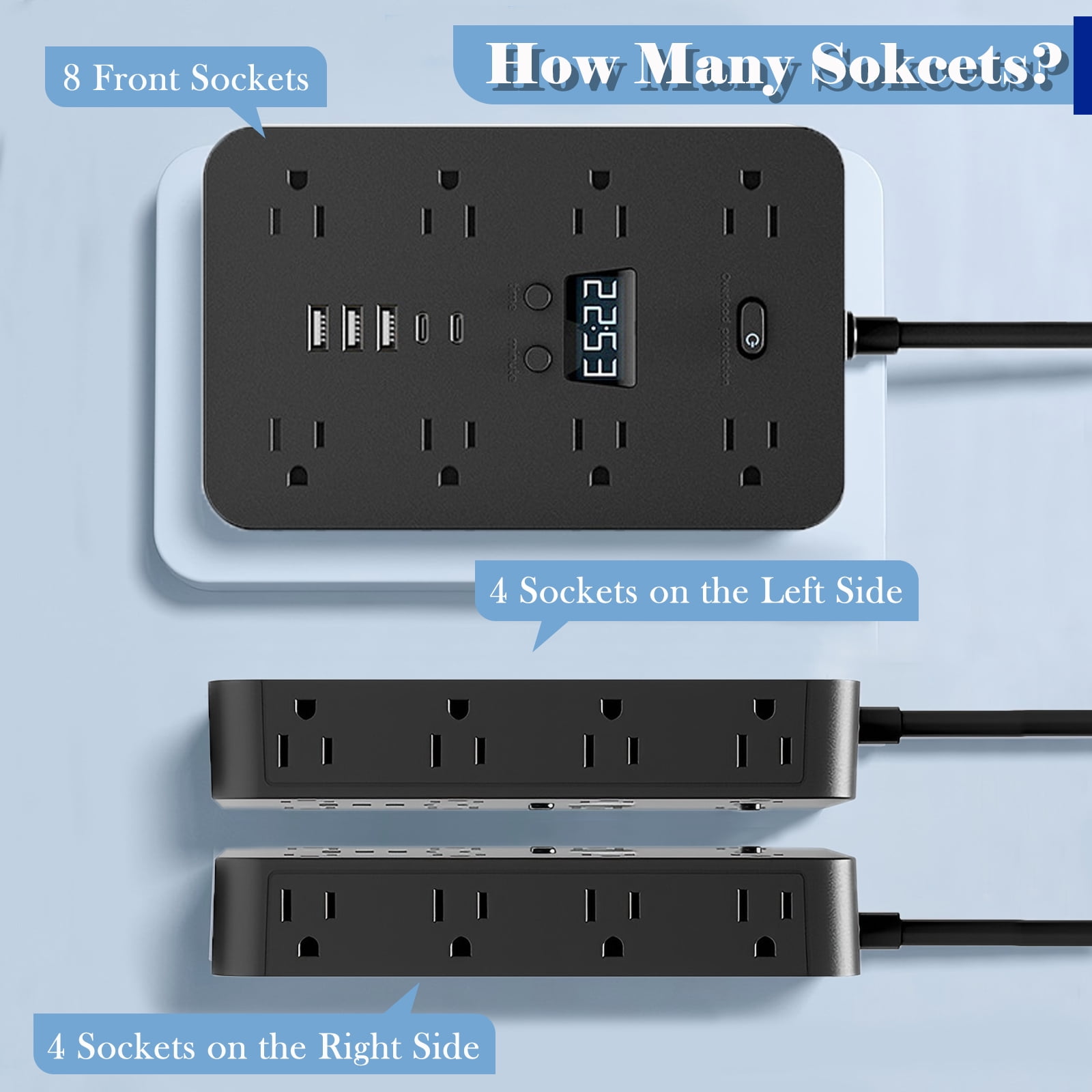 RONY 16-Outlet 5 USB Port Surge Protector Power Strip, 3-Sided Plug Outlet Extender with 10ft Long Extension Cord, Black
