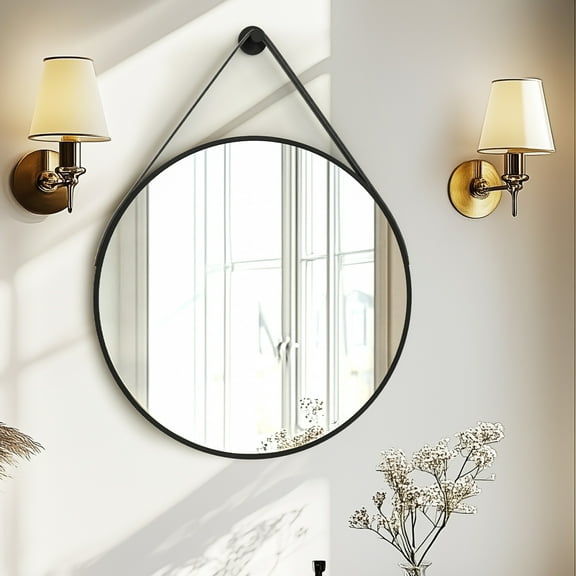 LUVODI 60cm Round Bathroom Makeup Mirror Decor Wall Mirror with Hanging Rope & Metal Frame