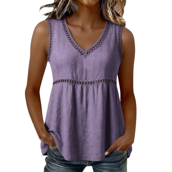 Ecqkame Tank Tops for Women Solid Color Round Neck Tiered Ruffle Sleeveless Shirts Summer Lightweight Daily Versatile Blouses Purple M
