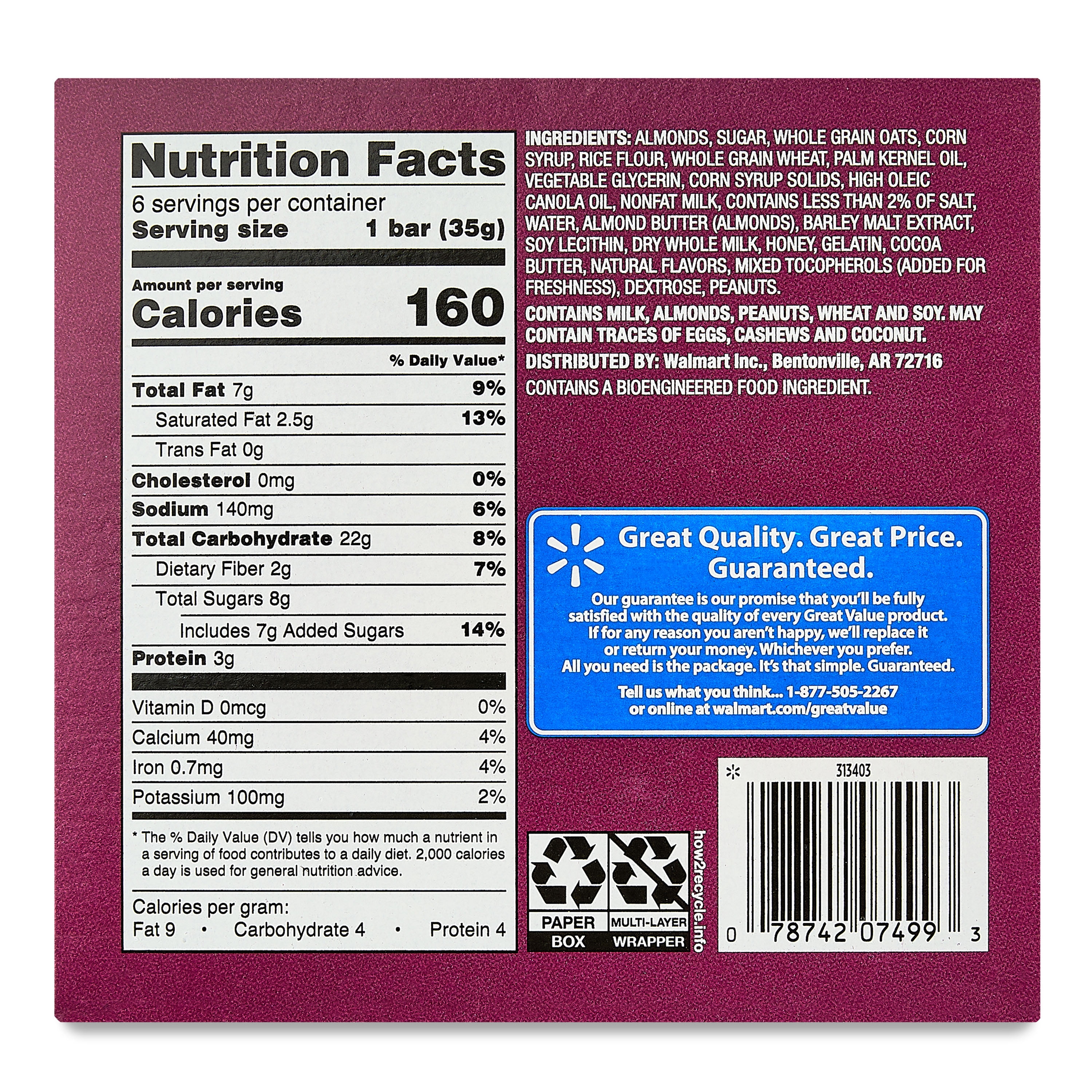 Great Value Almond Sweet & Salty Chewy Granola Bars, 7.4 oz, 6 Count