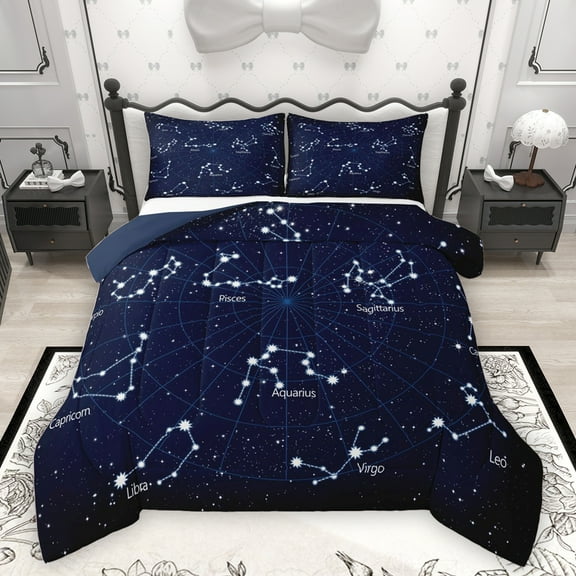 Homewish Navy Mystic Astrology Bedding Comforter Set, Dreamy Starry Sky Twin Comforter Sets, Glitter Stars Print Reversible Bedding Set, Super Cozy Room Decor, 2 Pieces
