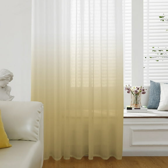 Yellow Ombre Semi Sheer Curtains Drapes for Living Room, Bedroom, French Doors Window 108 Inches Long, White Gradient Color Modern Abstract Art Rod Pocket Chiffon Curtain Drapery Voile Drape Panel
