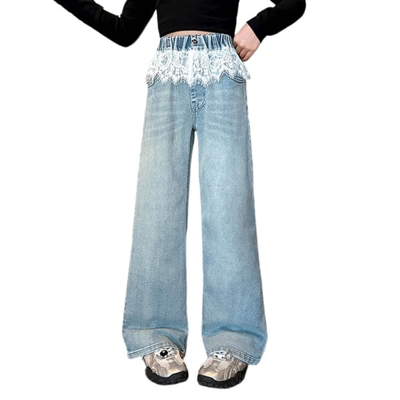 Tiijoy Little Girls Lace Straight Leg Jeans Elastic Waist Denim Pants, Sizes 5-6