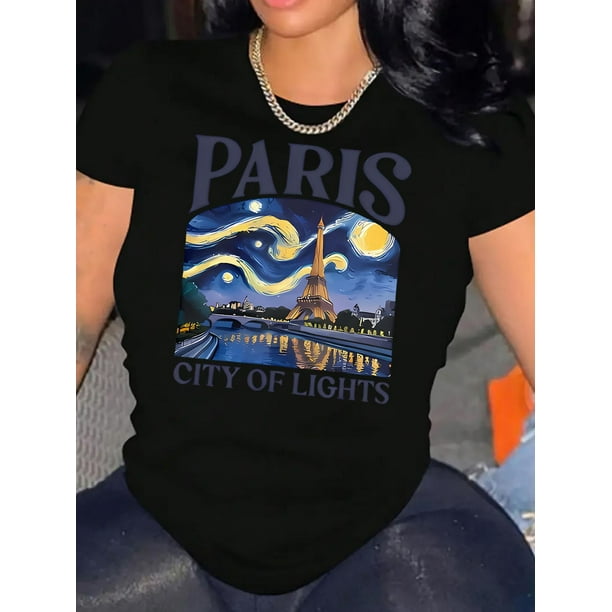 Women's Paris Eiffel Tower Graphic Tee - Casual Short Sleeve T-Shirt with "Paris City of Lights" Print, Comfortable Summer Top for Casual Attire, Casual Attire Tee | Artistic Print Tee | Polyester Bl