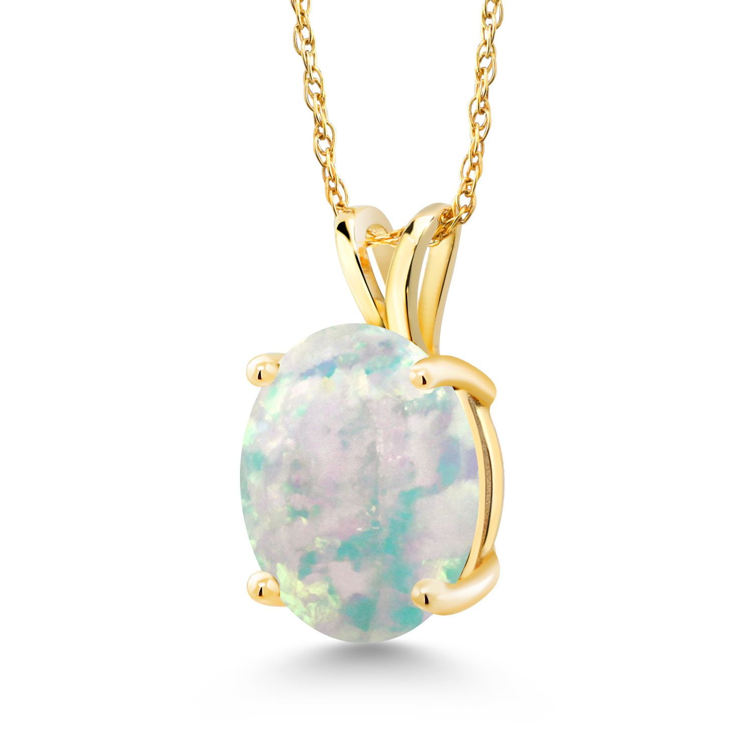 Gem Stone King 14K Yellow Gold White Opal Pendant Necklace for Women (2.00 Cttw, Gemstone October Birthstone, Oval Cabochon 11X9MM, With 18 inch Chain)
