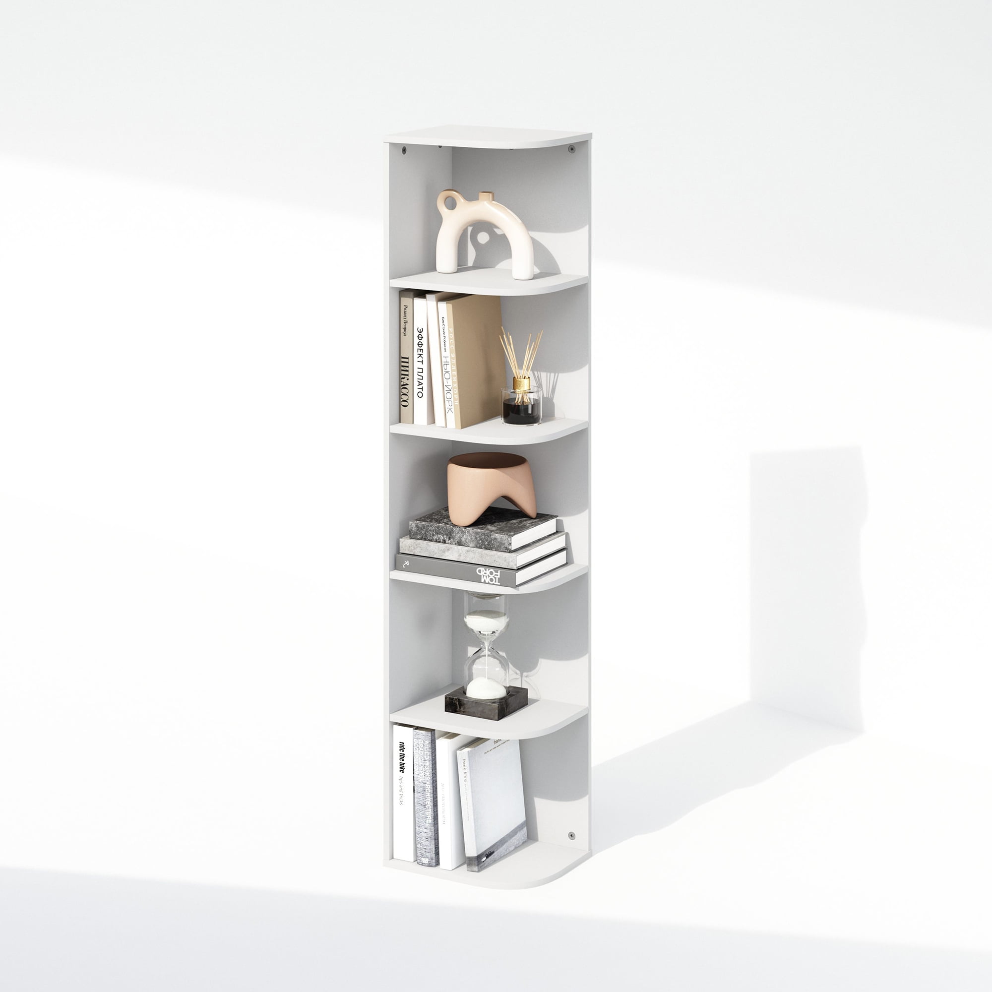Furinno Reed 5-Tier Space Saving Corner Storage Display Shelf, Bookshelf, White