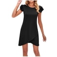 thumbnail image 1 of Staron Clearance Womens Summer Dresses Casual Ruffle Sleeve Solid Flowy Sundresses Spring Casual A-Line Crew Neck Loose T Shirt Elegant Dresses Black S, 1 of 5