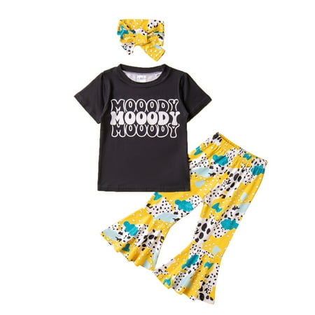 

Kids Toddler Baby Girls Short Sleeve Casual Letter T-Shirt Tops Cartoon Printed Lovely Bell Bottom Pants With Headbands Outfits Set Baby Outwear